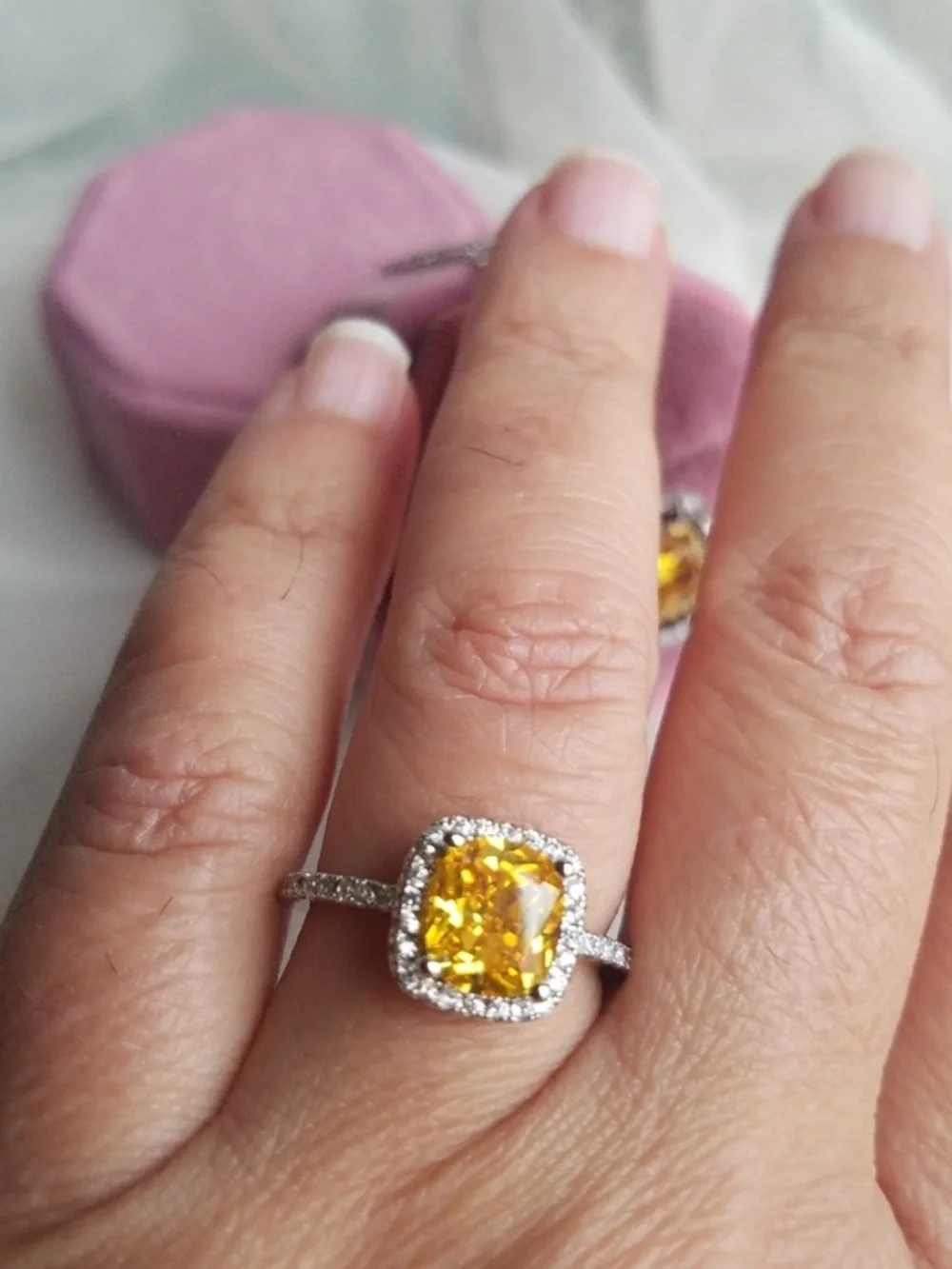 Swarovski Elements 925 Sterling Silver Solitaire Halo Yellow Citrine Ring NEW